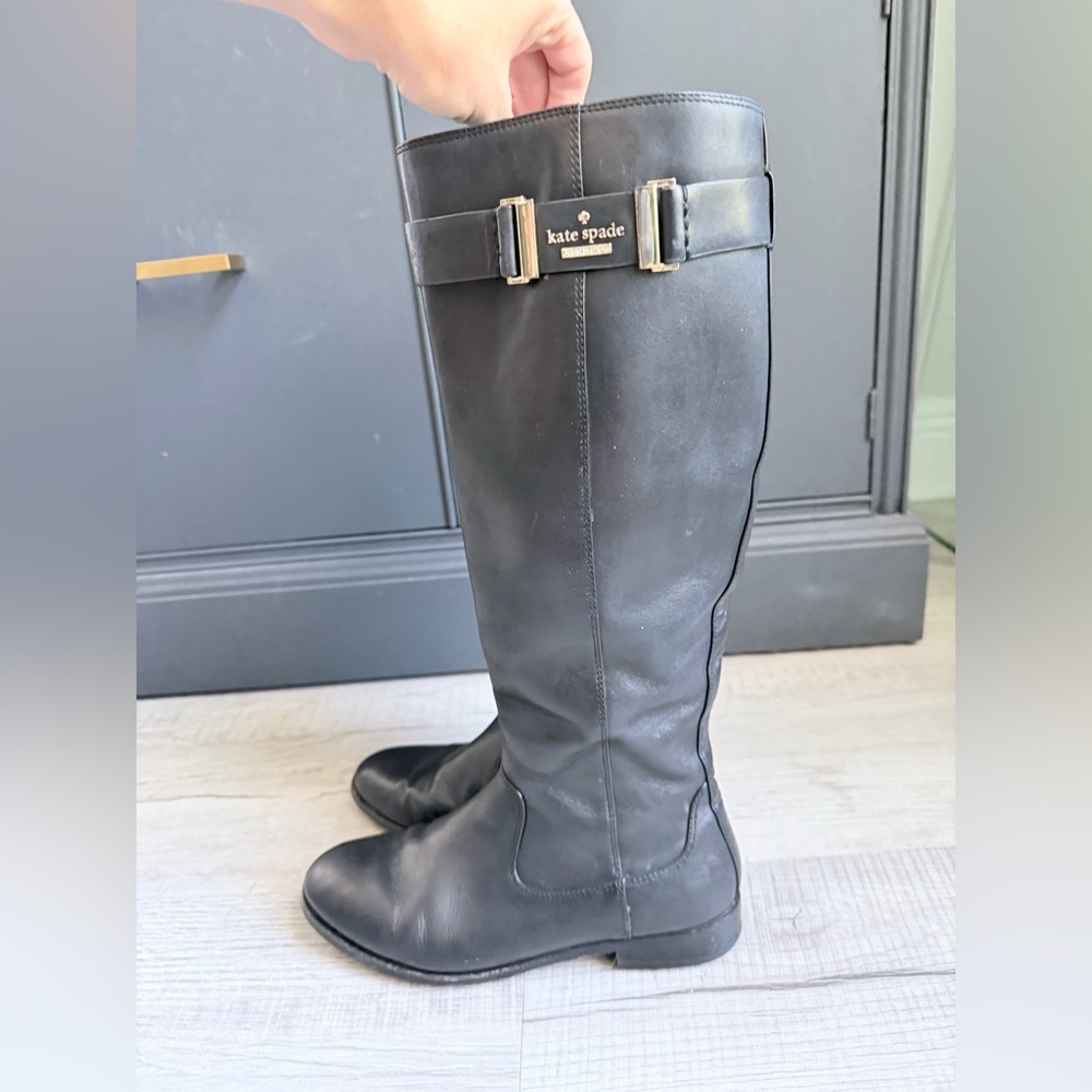 Kate Spade New York Black Leather Riding Boots Tall Zip Buckle Boots - Picture 12 of 14